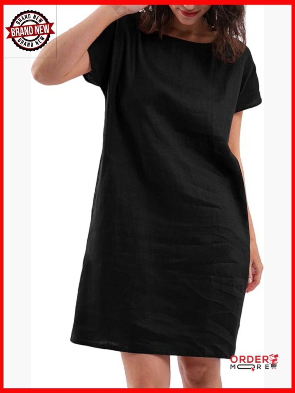100% Linen Summer Casual Crew Neck Midi Dress with Pockets